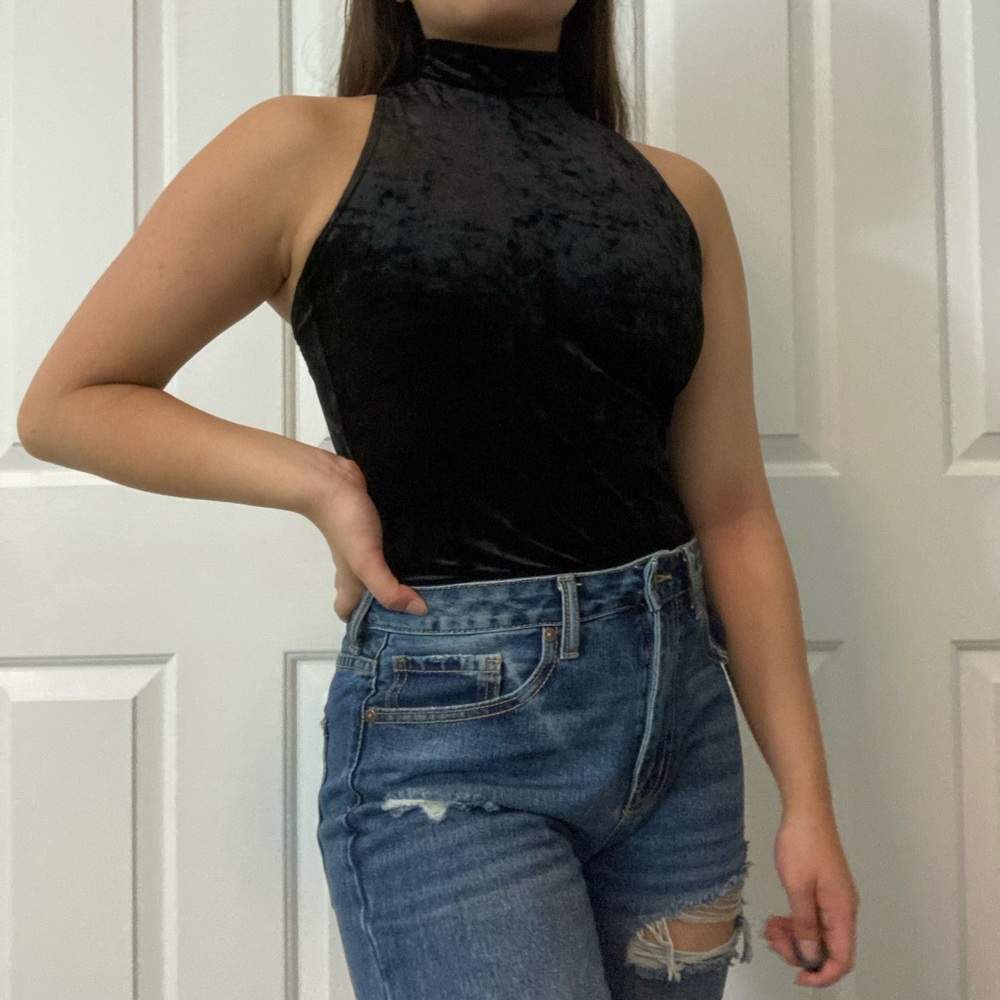 black velvet mock neck criss cross back bodysuit